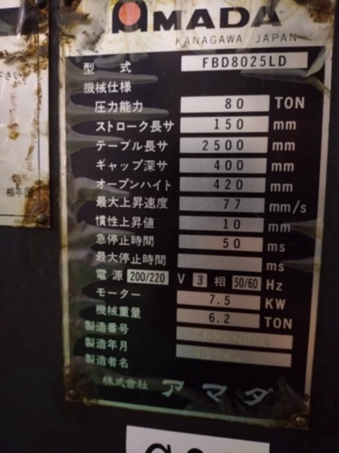 215659 NCプレスブレーキ アマダ 1996 FBD-8025LDの写真7
